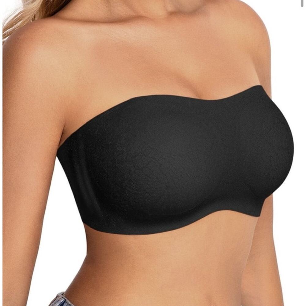 NWT ~ Black Strapless Push Up Bandeau Non-Slip Wireless Padded Seamless Bra ~ XL